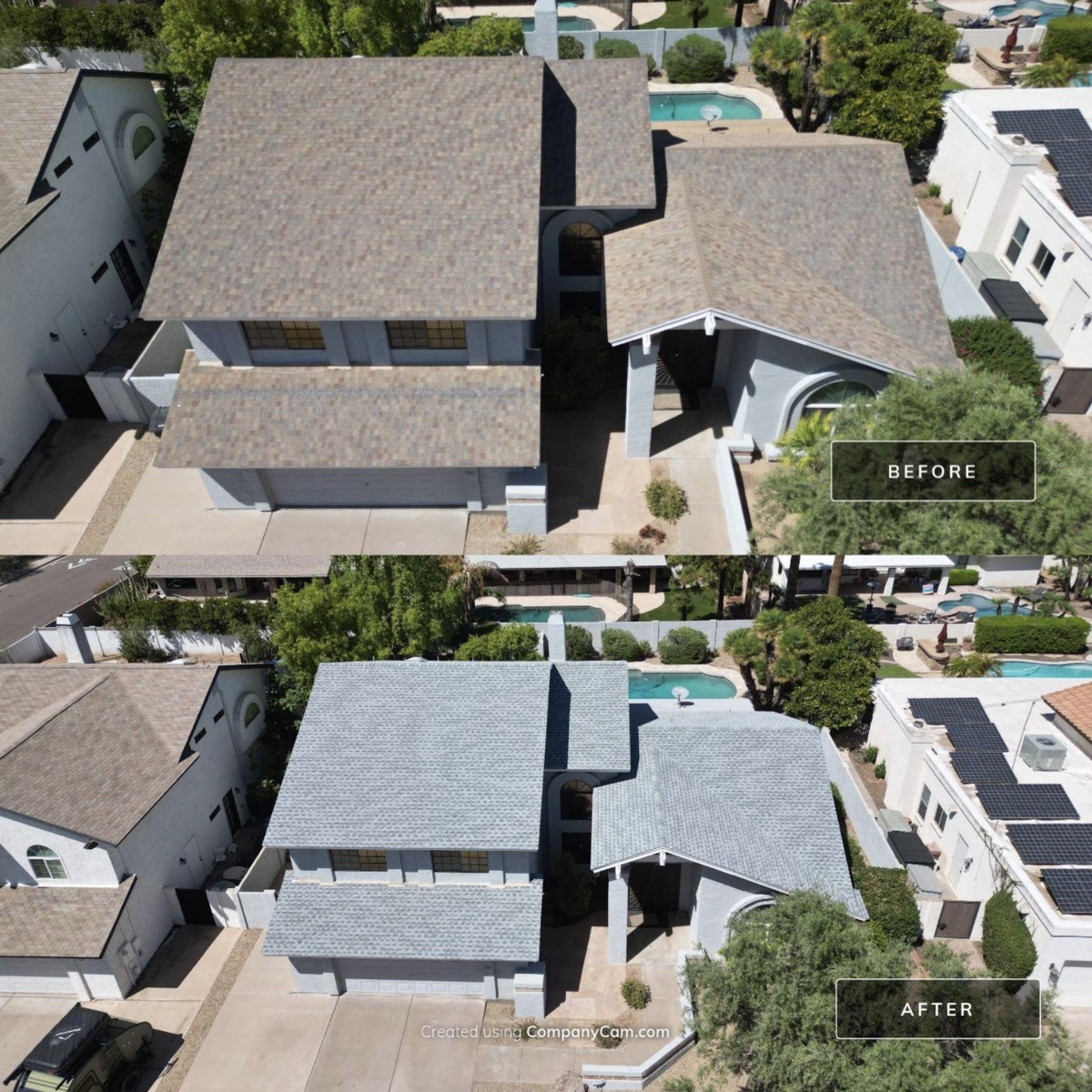 Before and after residential roof replacement viewed from above